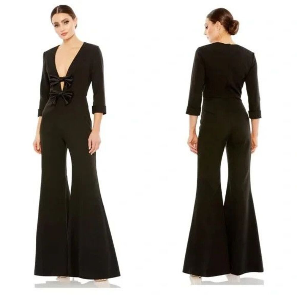 MAC DUGGAL 20733 LONG SLEEVED BOW ACCENT WIDE LEG JUMPSUIT BLACK SZ 6 NWT